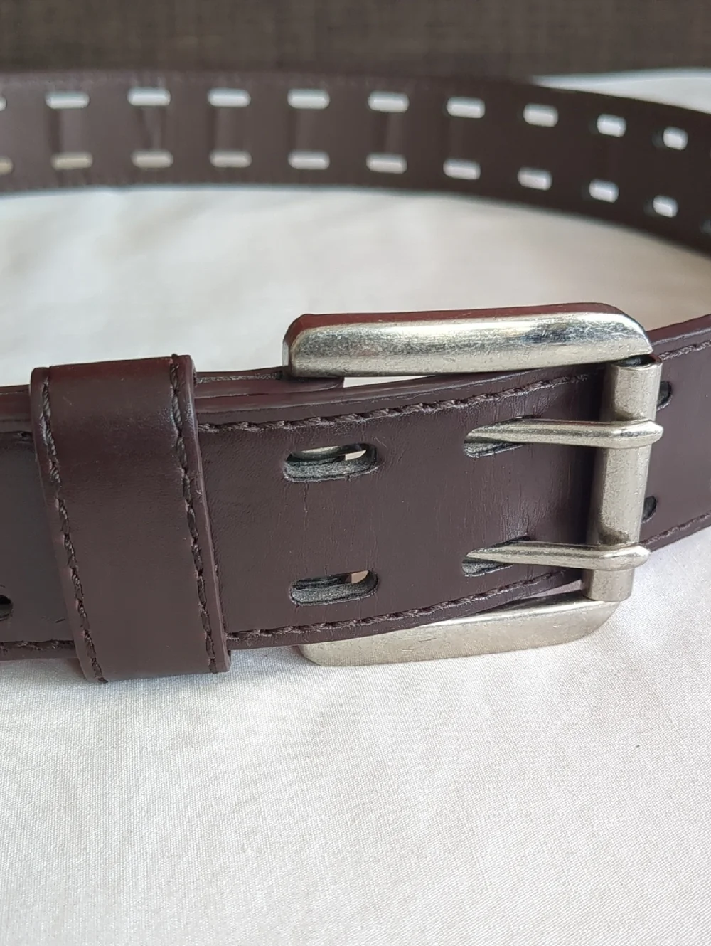 Belt Brown Leather Stitched Double-Row Perforation/Prong Metal Buckle OS Unisex